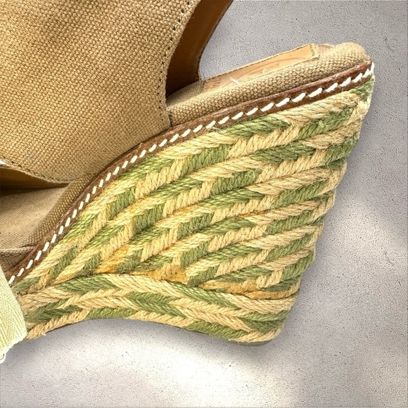 Tory Burch Espadrille Linley Wedge Sandals Brown Canvas with Green/Tan Jute 8M - Picture 12 of 16